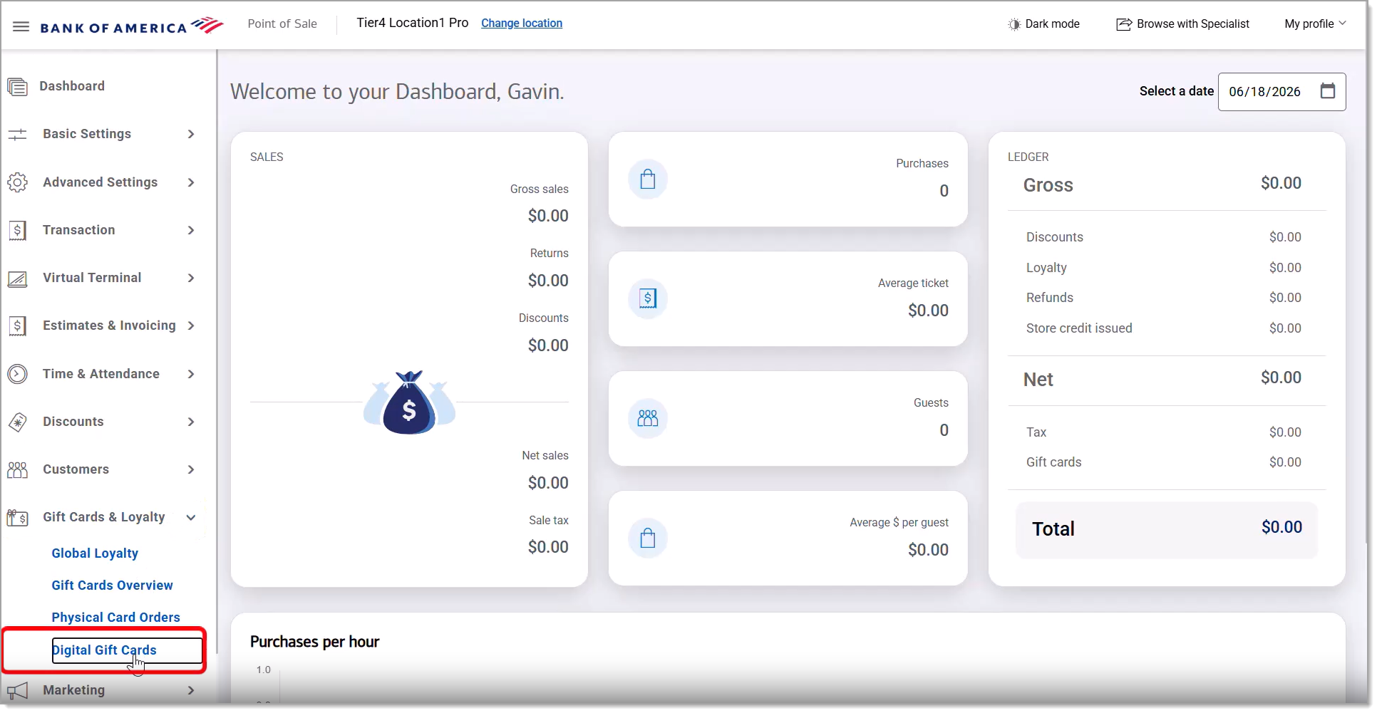 Digital Gift Cards highlighted in the Back Office Menu.