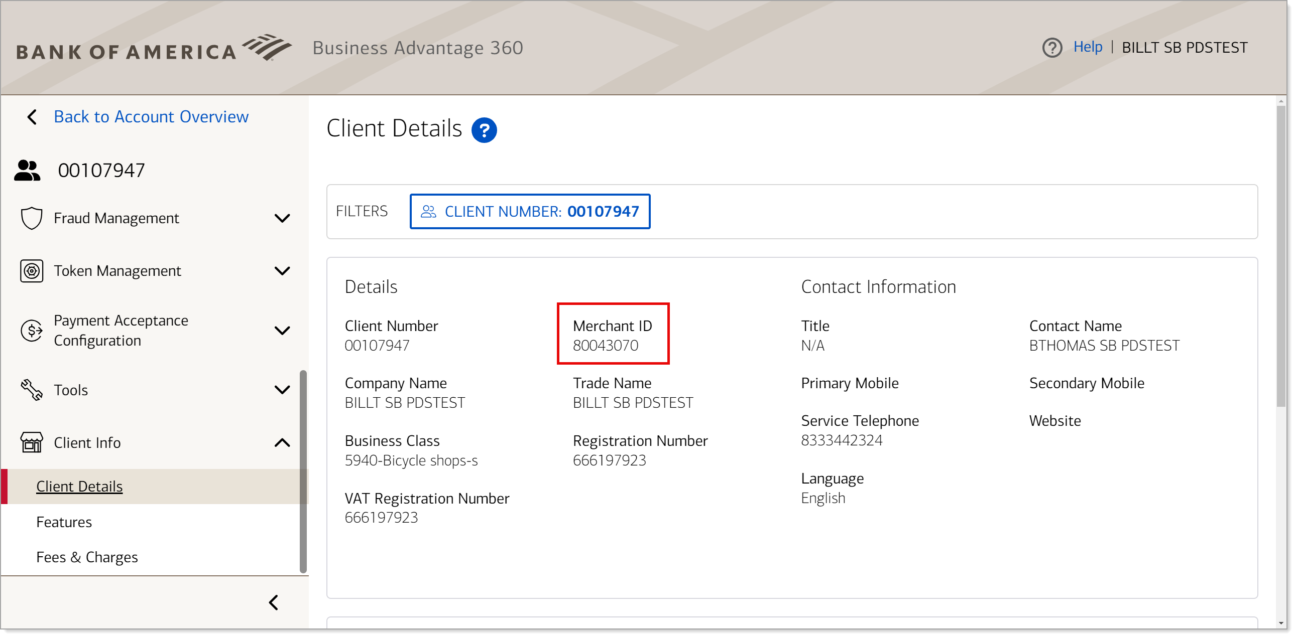 BA360 Client Details screen