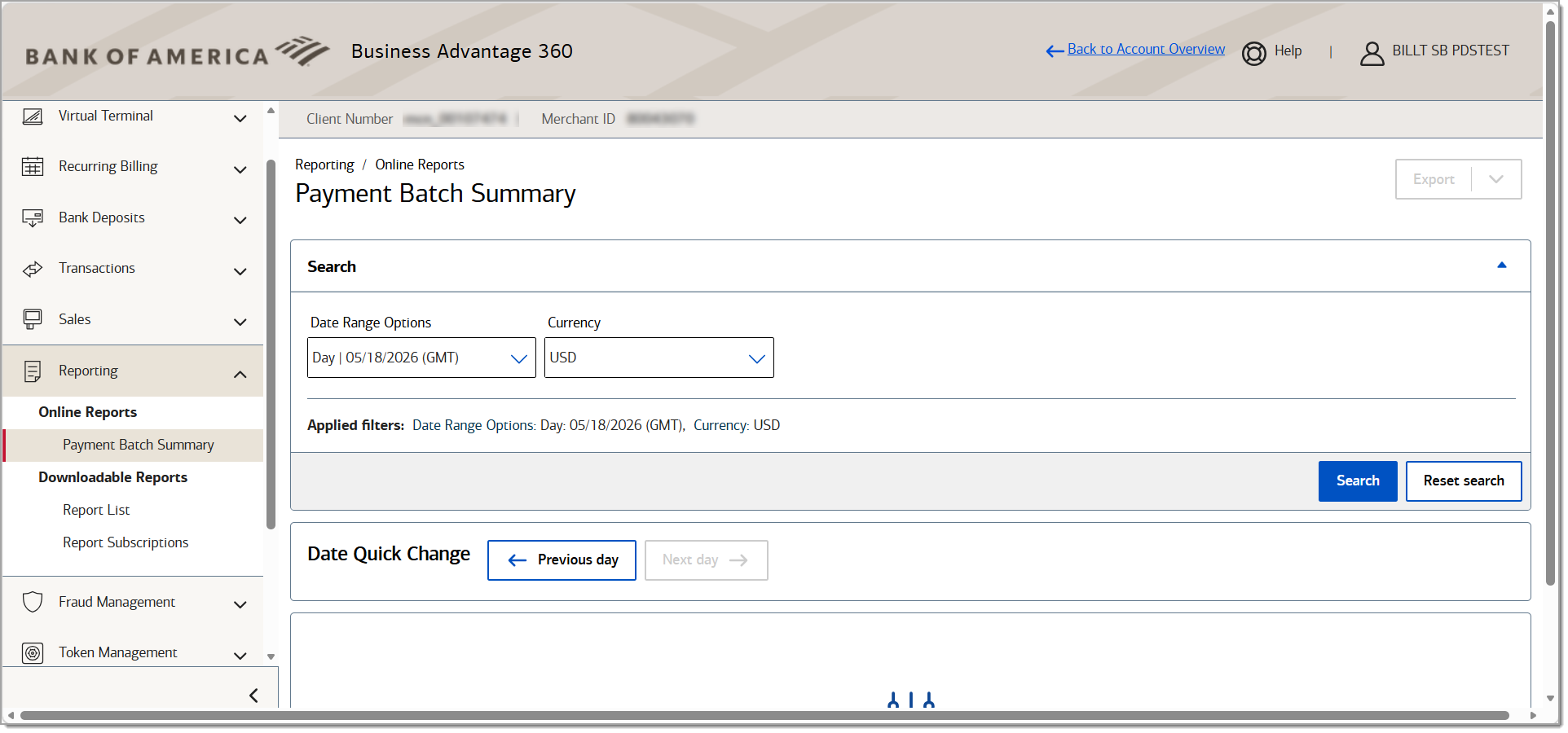 merchant reporting search and date quick change