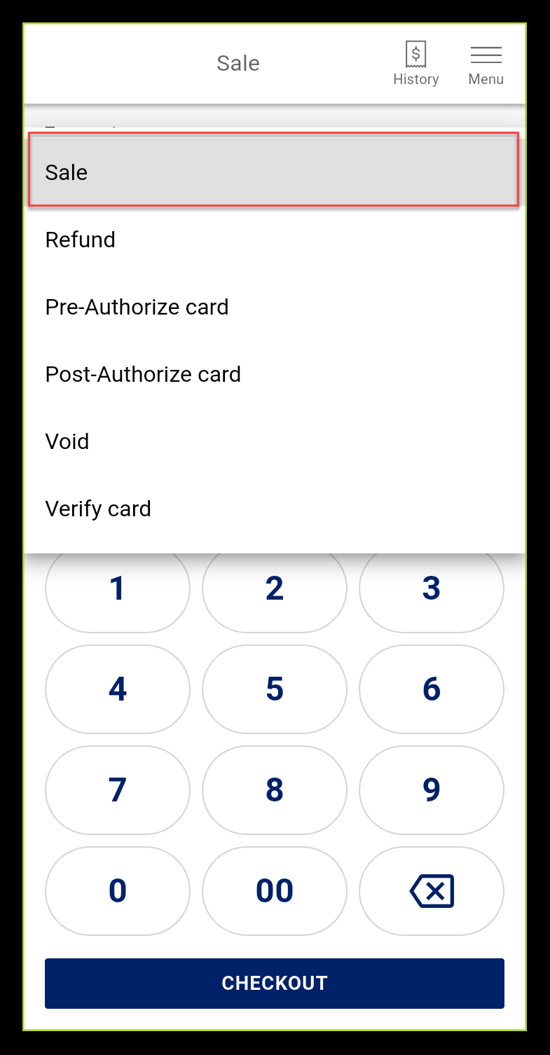 Sale selected in transaction type