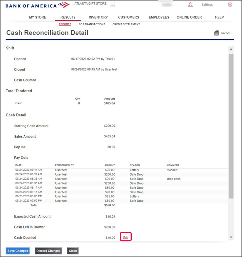 Cash reconciliation detail screen with Cash Counted edit button