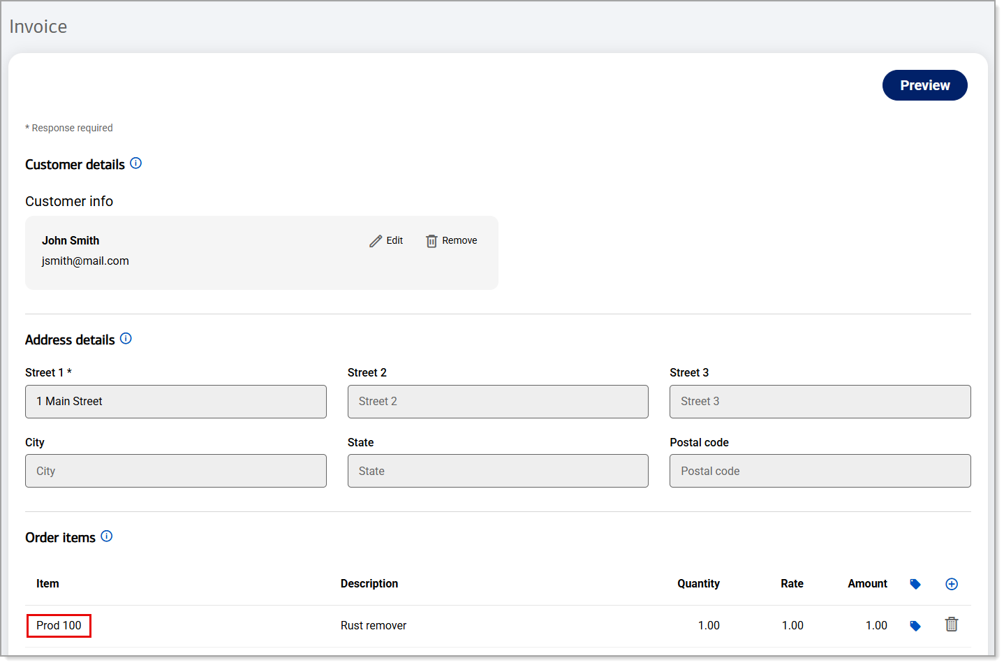 Item name highlighted on the new invoice screen.