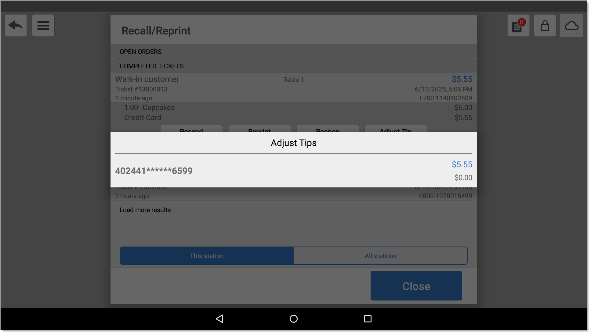 Adjust tip pop up from selected ticket
