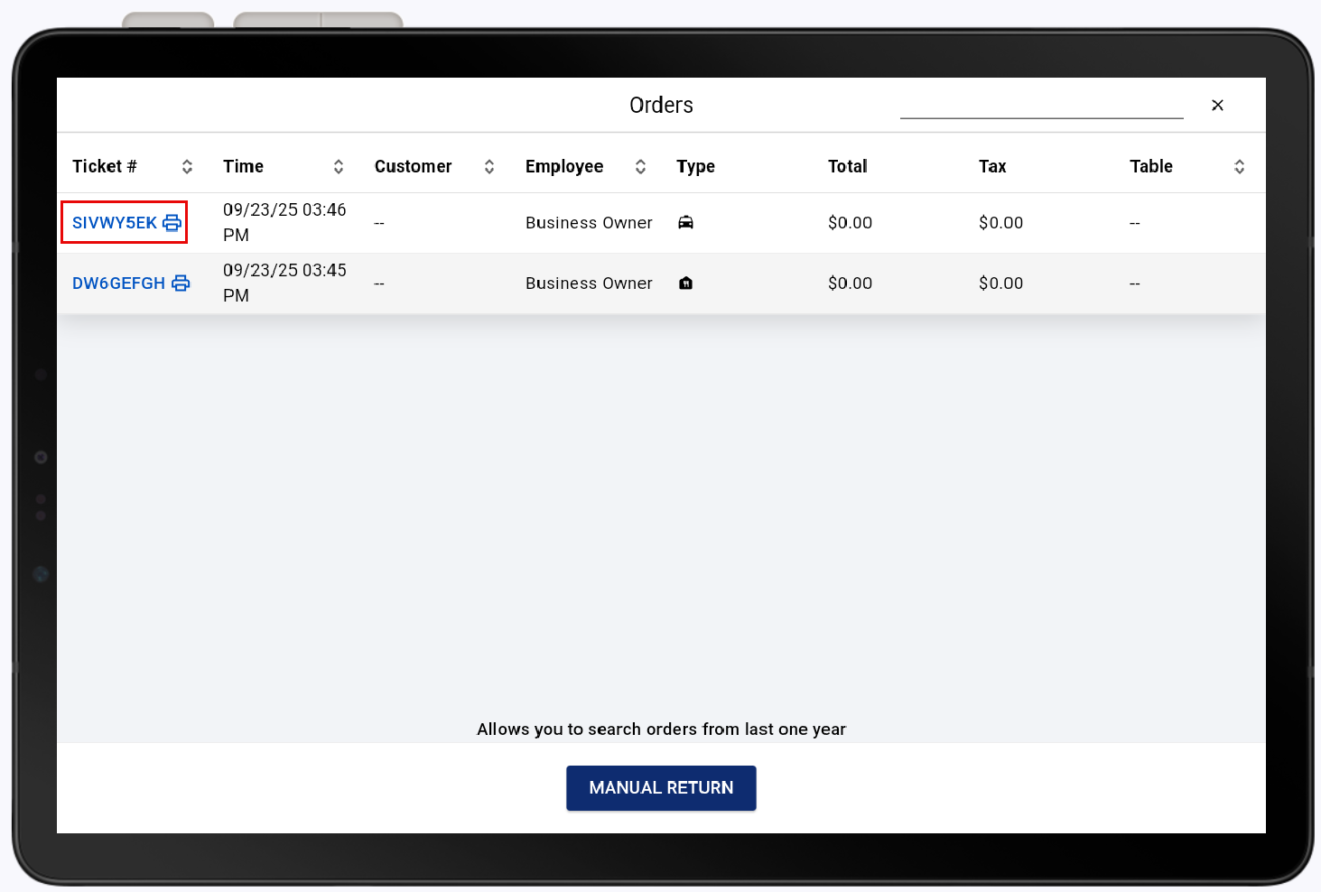 Ticket highlighted from the order historyt screen.