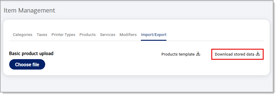 Download stored data button highlighted under the import/export tab of Item Management.