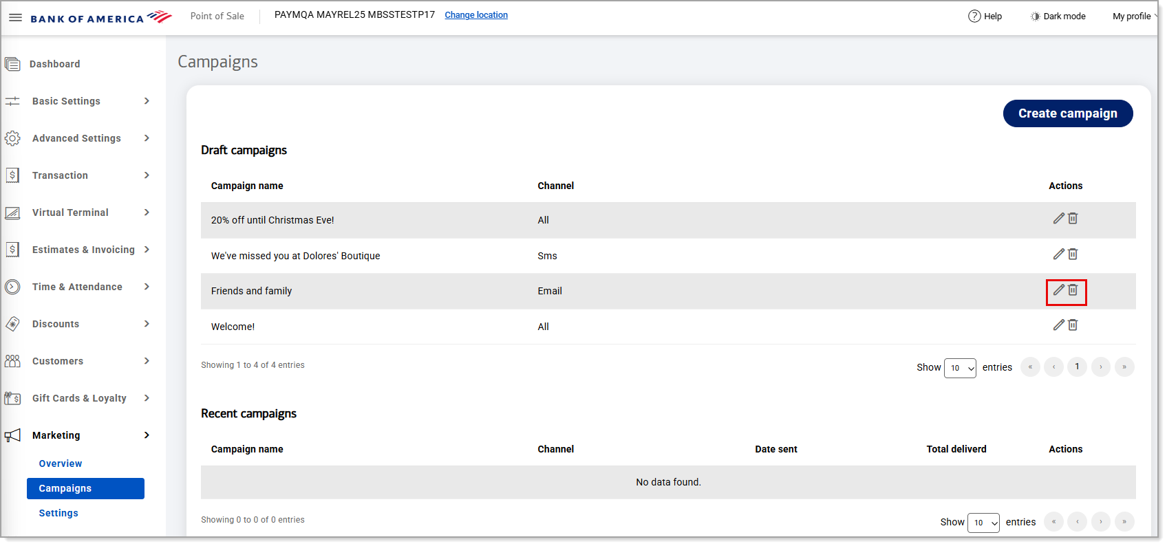 Marketing Campaigns dashboard with Edit campaign and Delete campaign icons highlighted
