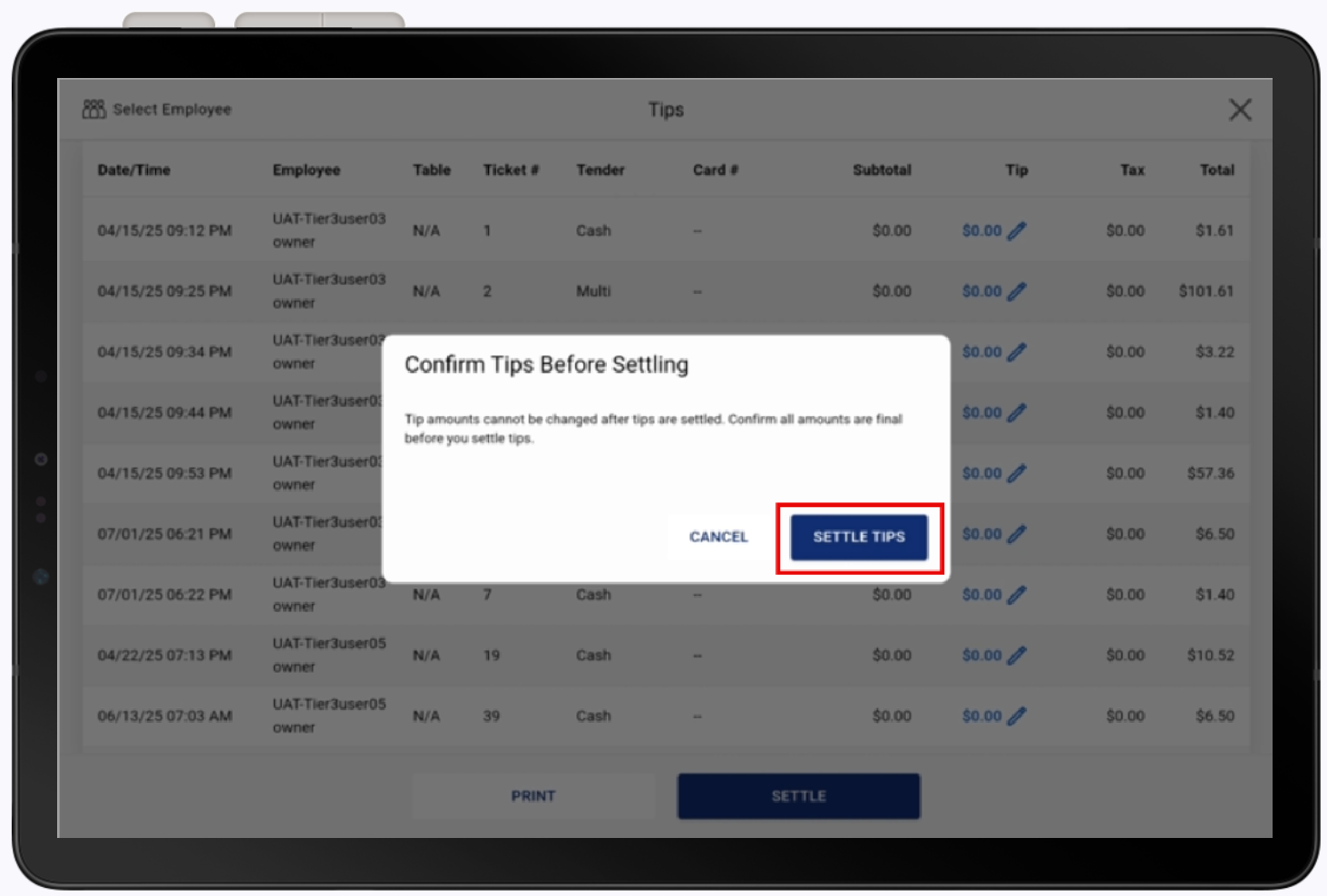 settle tips button highlighted in pop up to confirm tips before settling.