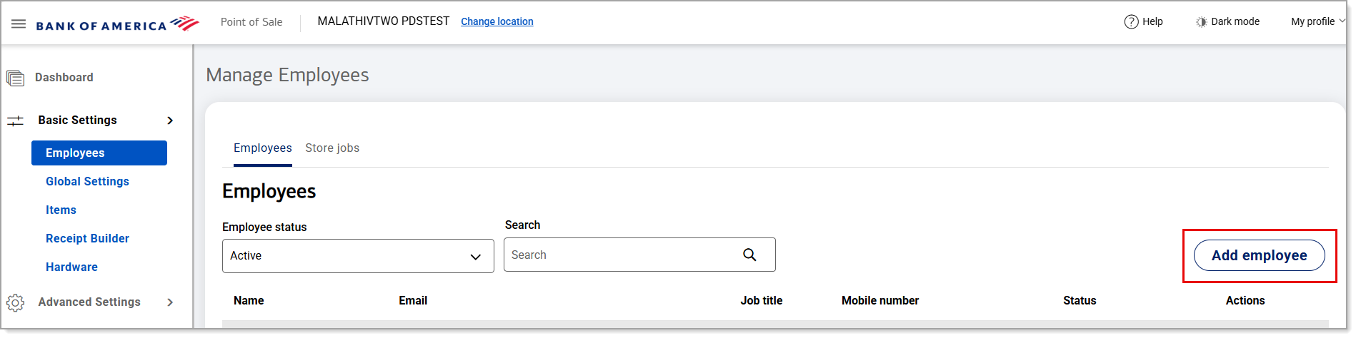 Manage Employees - Add employee option