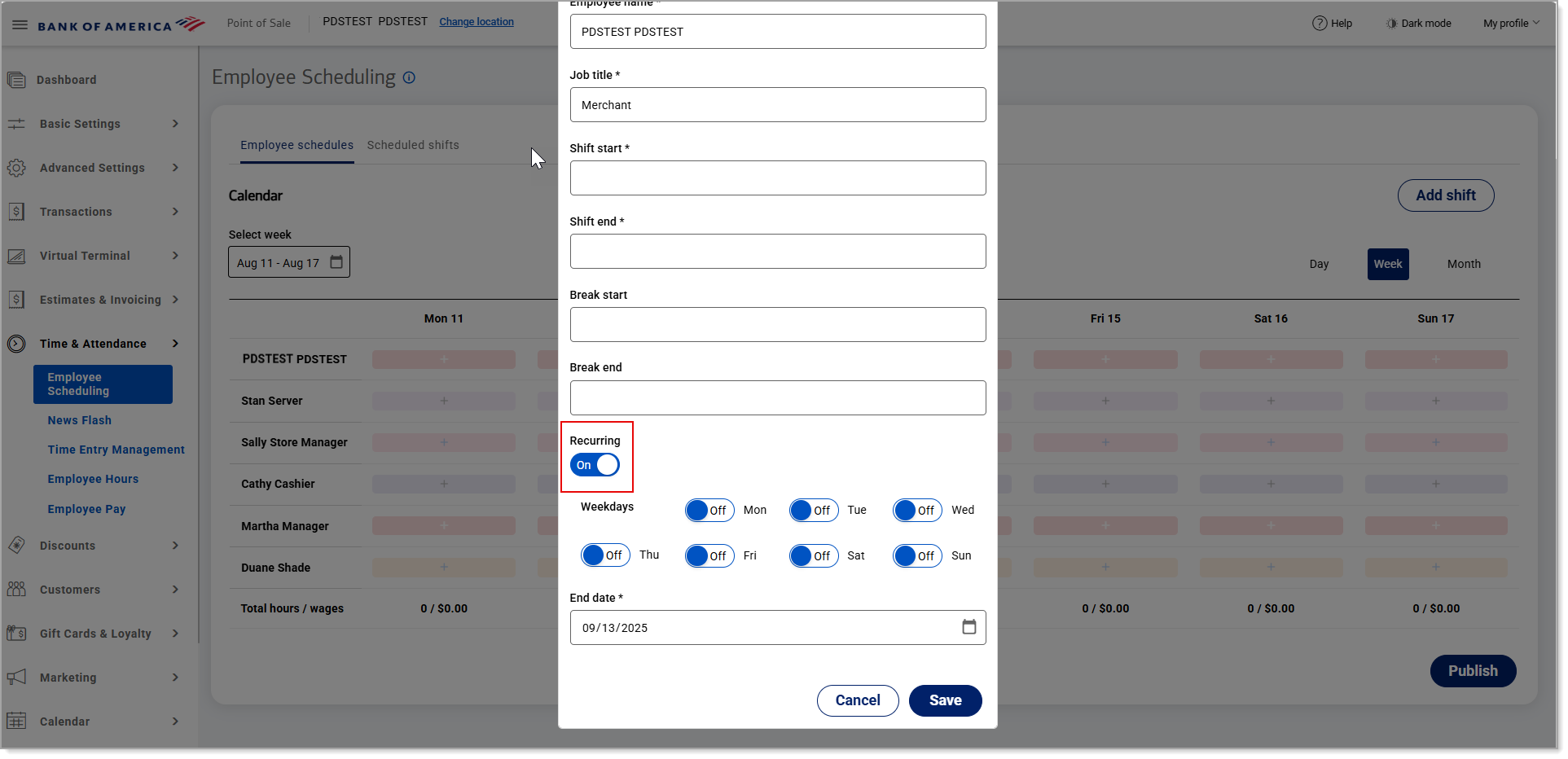 Add shift details with recurring option enabled..
