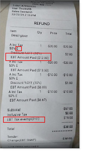 Sample printed receipt with EBT detail.Sample printed receipt with EBT detail.