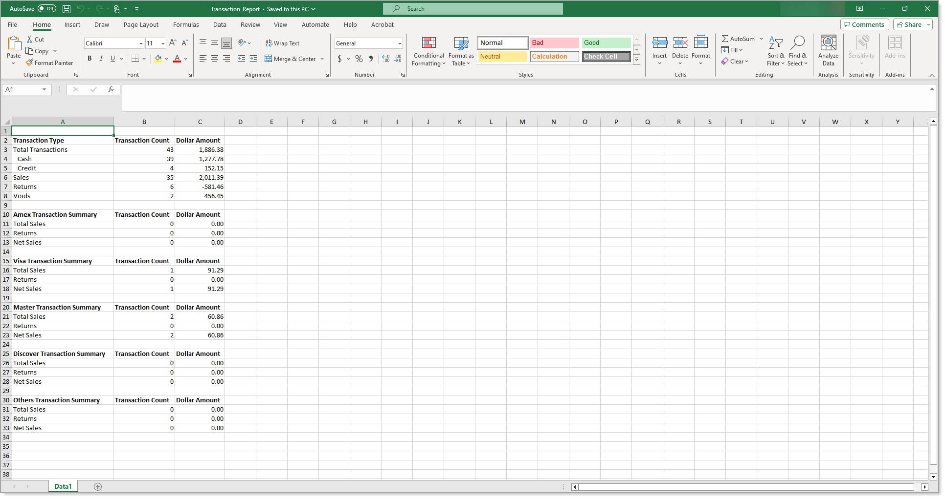 Sample report in Excel format
