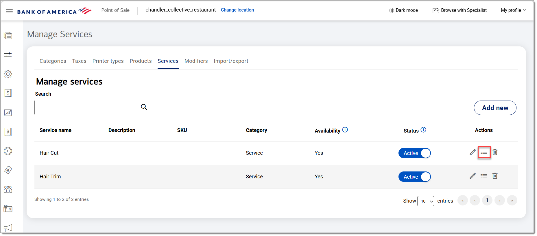 manage services with add-on icon highlighted