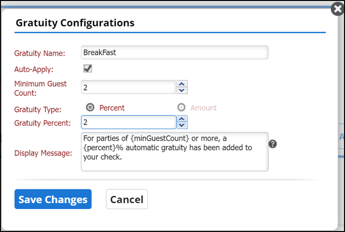 Gratuity configuration dialog box