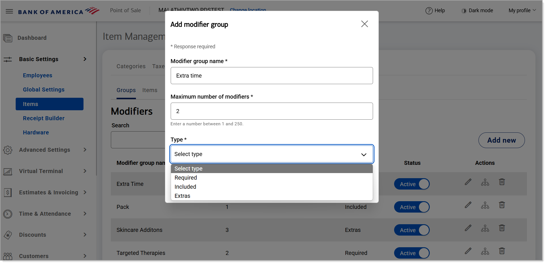 Modifier group type options