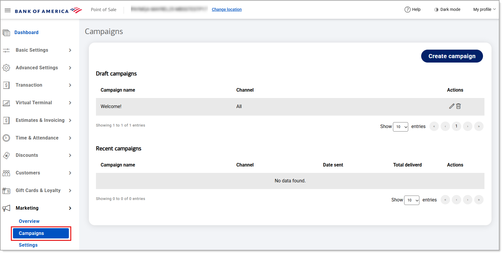 Marketing Campaigns menu option with Campaigns Dashboard displaying