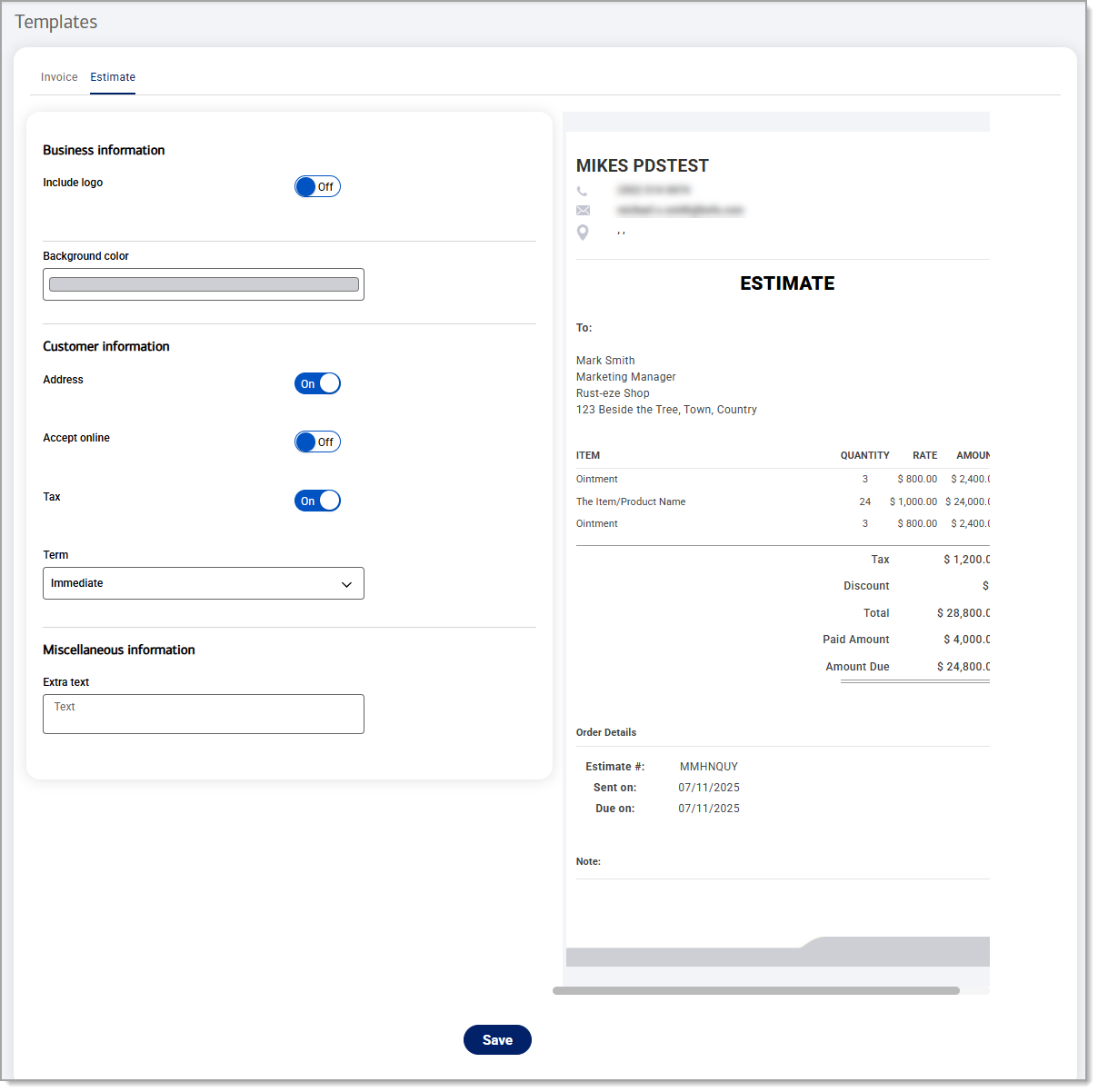 Estimate template with customizable options to enable.