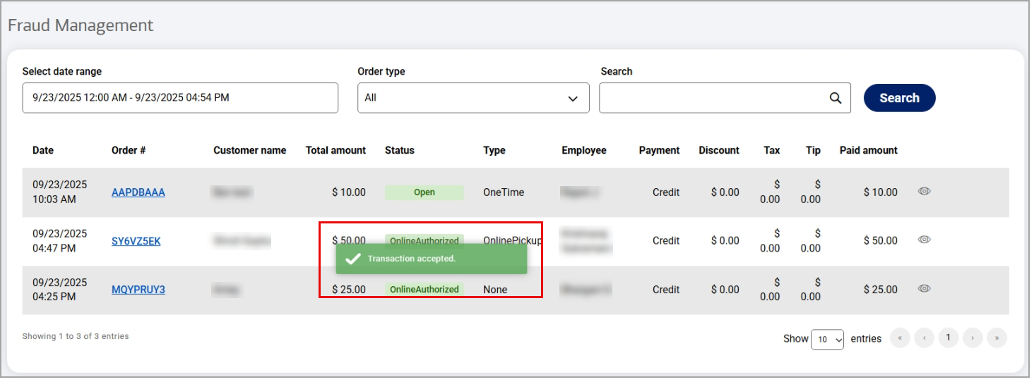 Sample Transaction accepted message