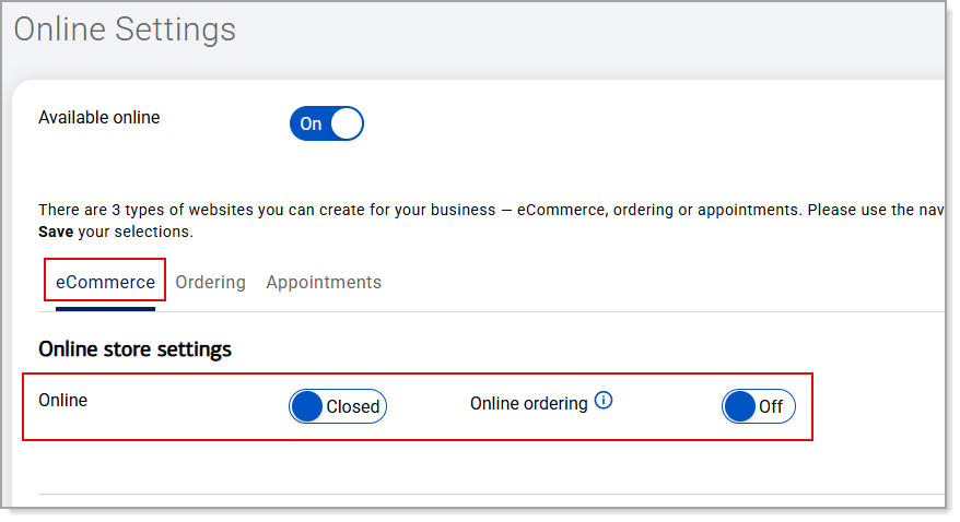 Online settings - eCommerce tab