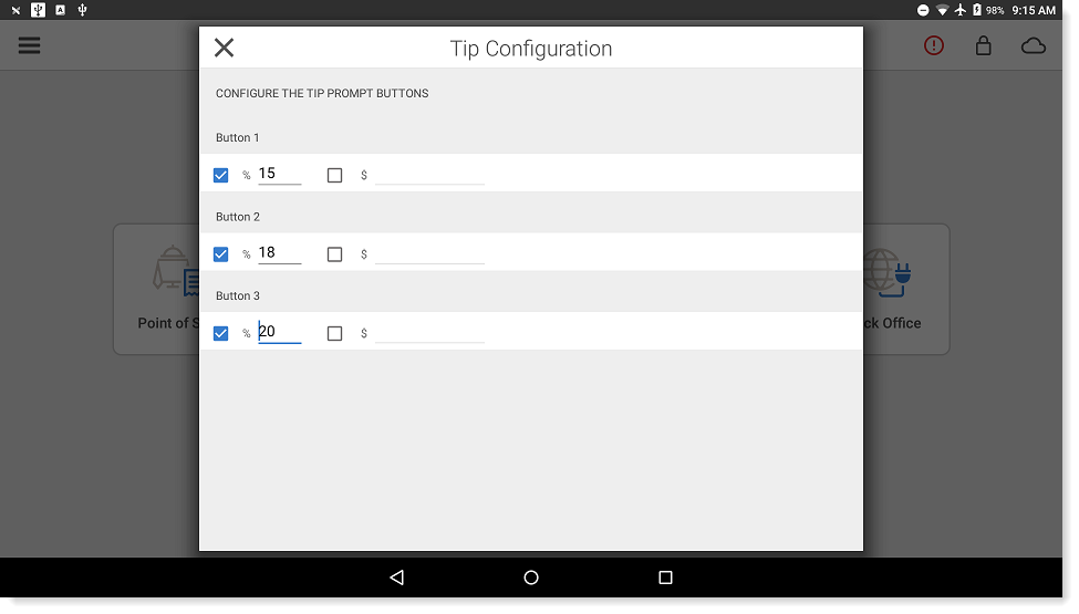 Tip configuration window for setting default tip percentage amounts