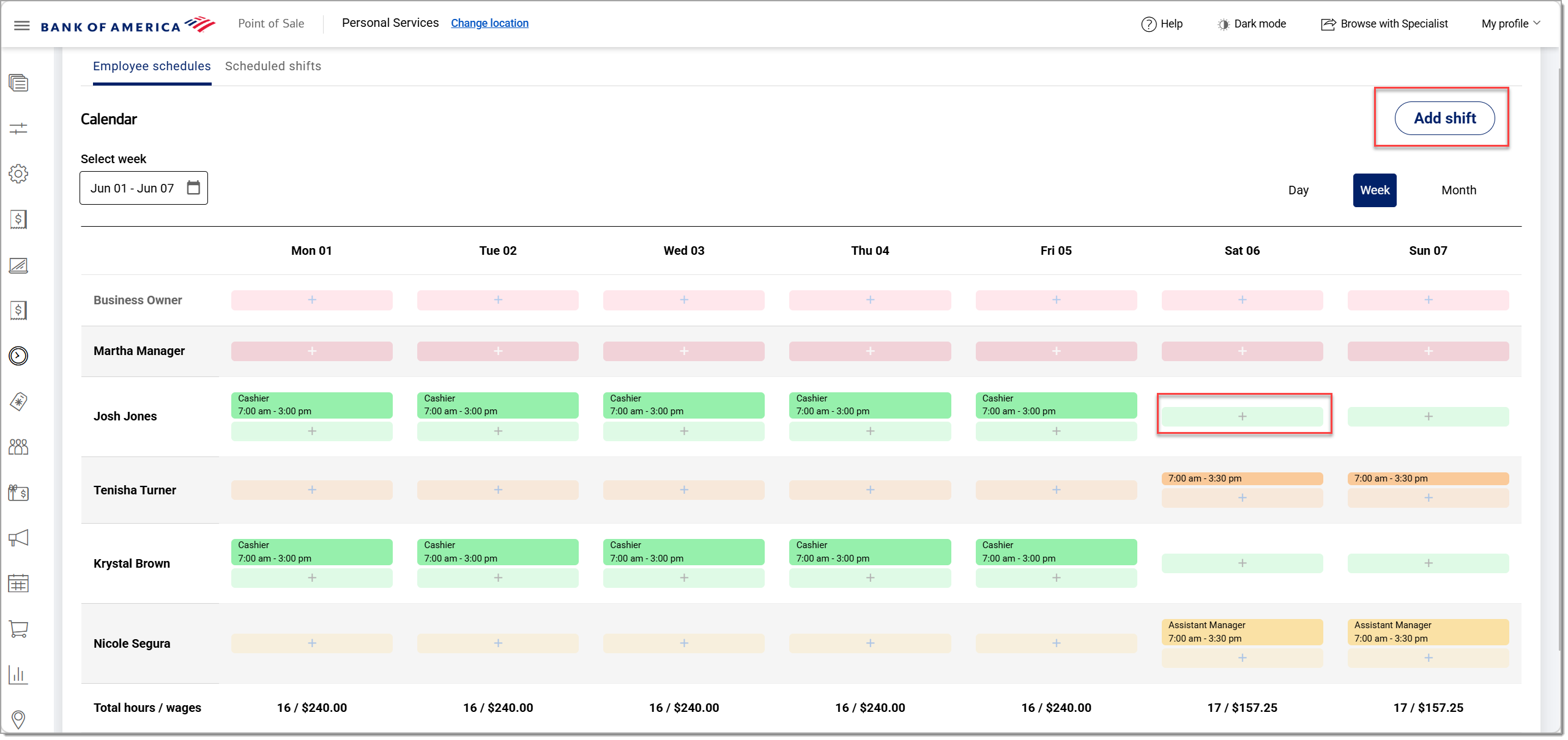 Employee schedules with add shift hiighlighted