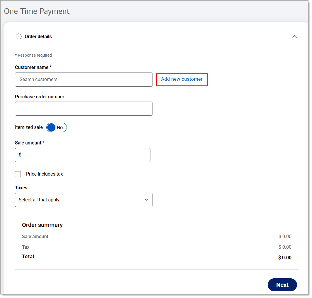 Add new customer highlighted under Order details