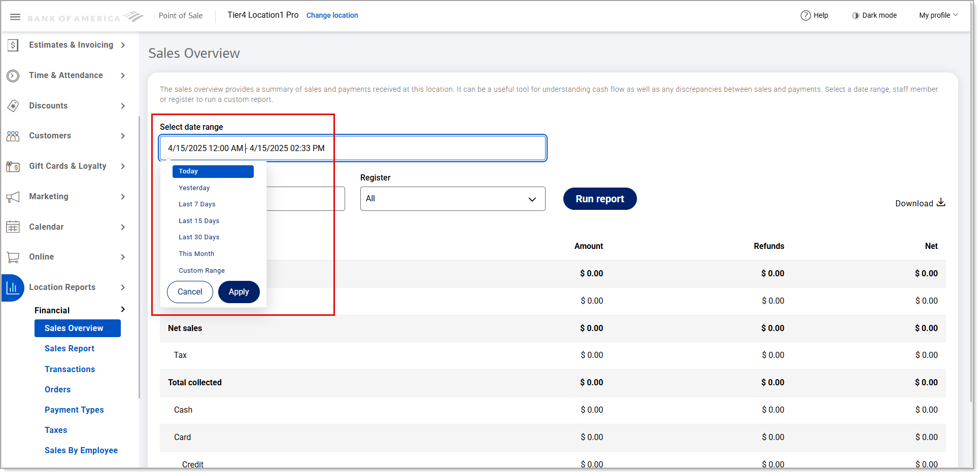 Sales Overview Report date range selection
