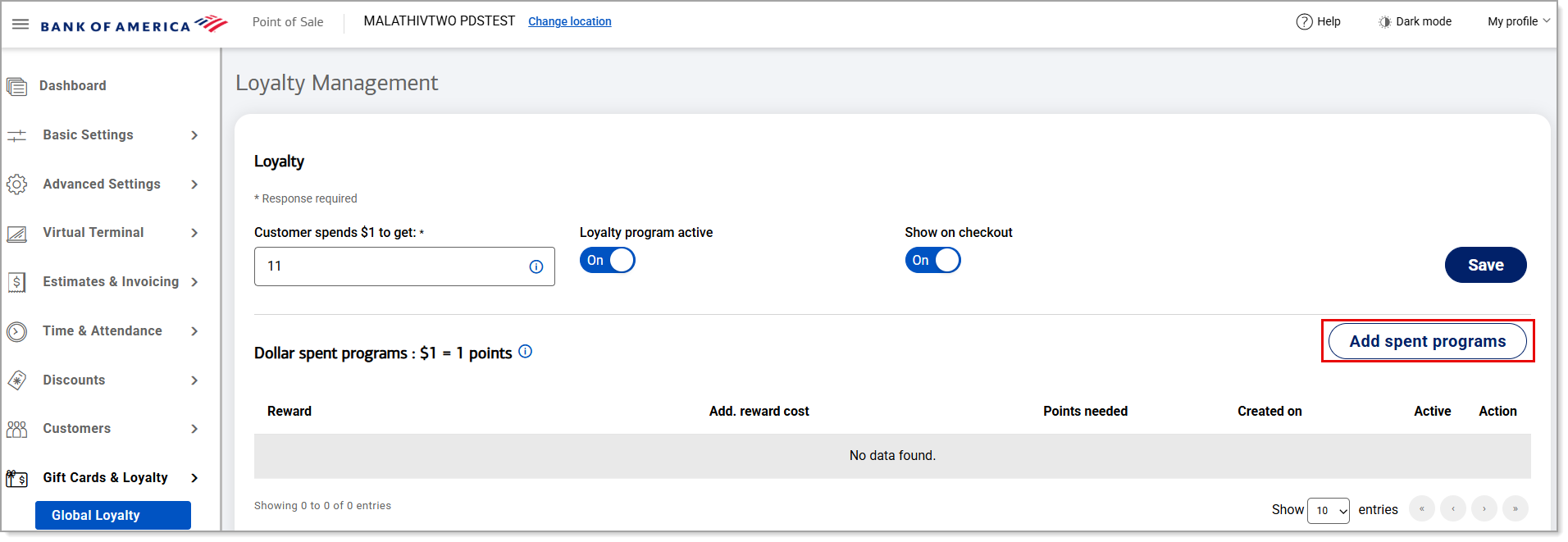 Dollar spent programs settings button