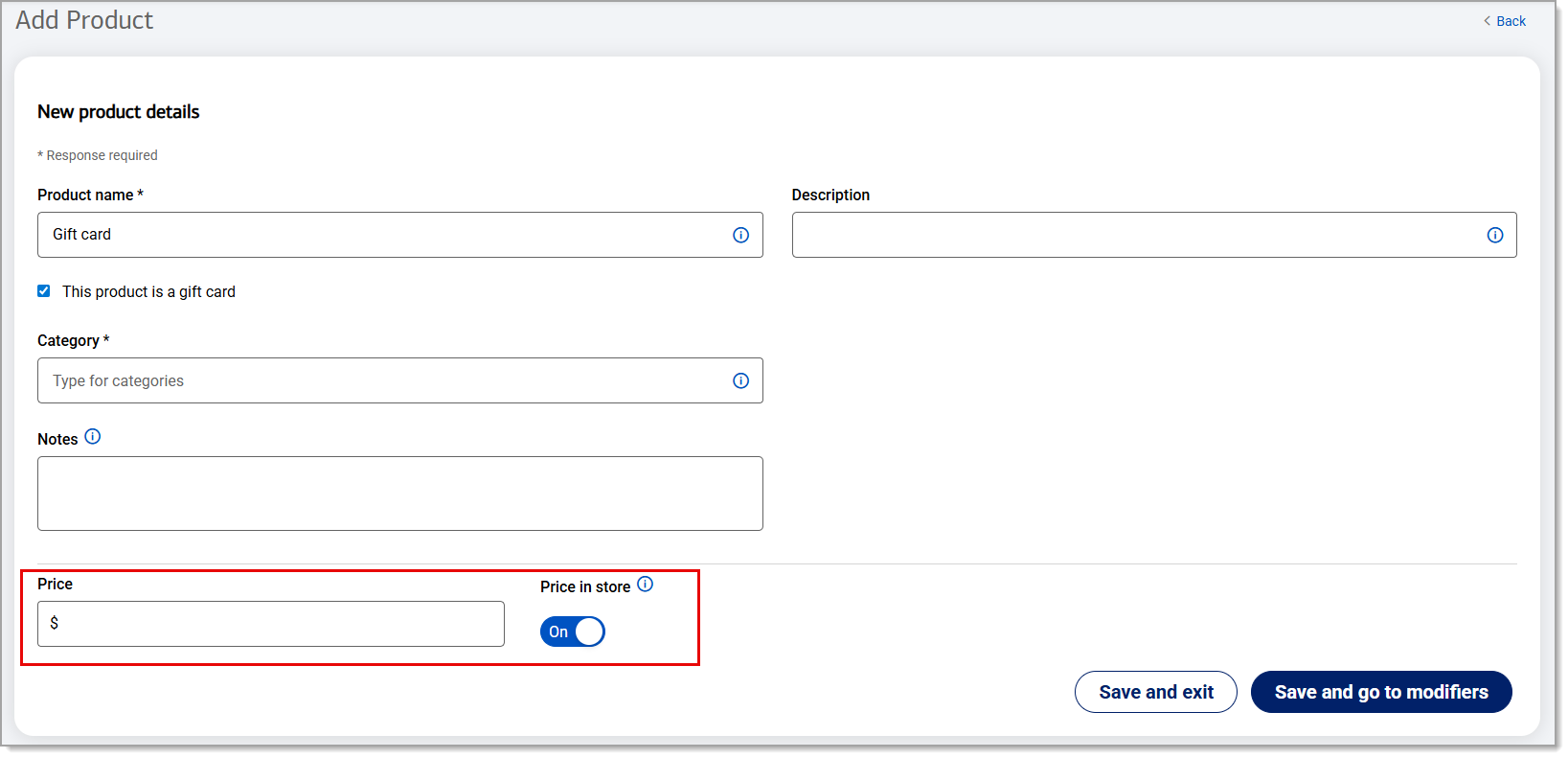 Pricing options highlighted in the Add product form.