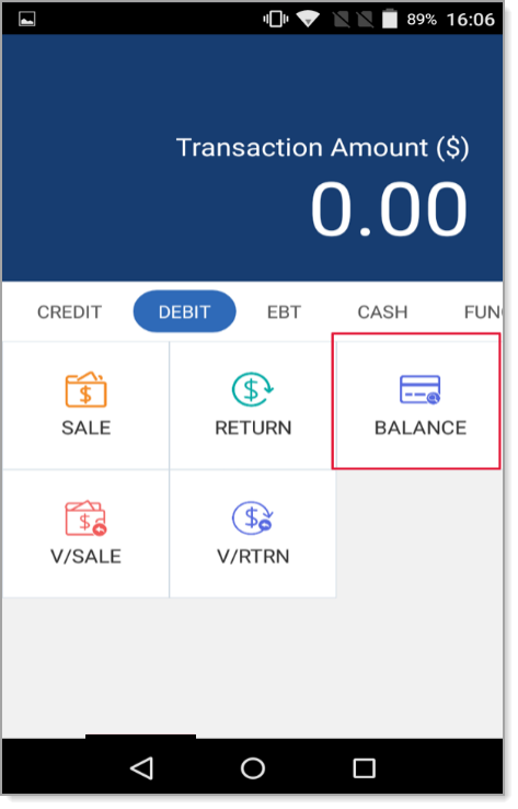 Debit tab - balance inquiry option