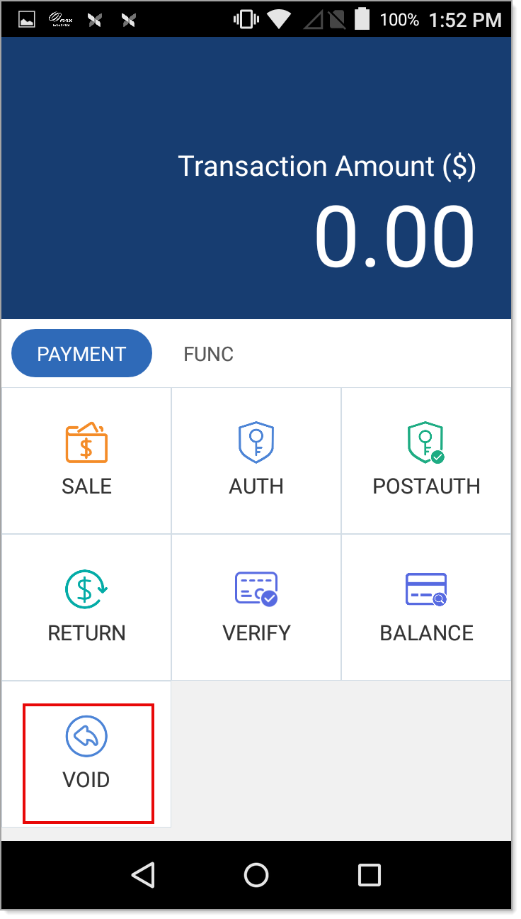 Payment tab. Void option