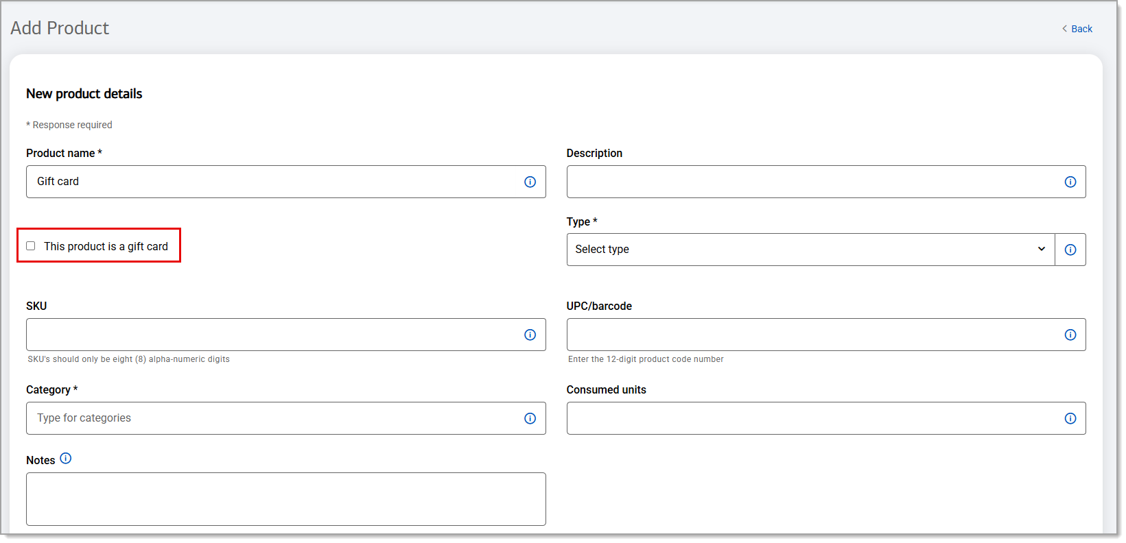 This product is a gift card checkbox highlighted in the Add product form.