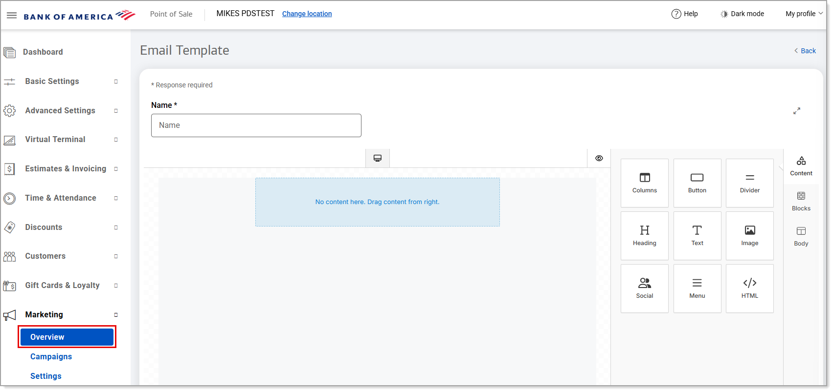 Marketing Overview menu option