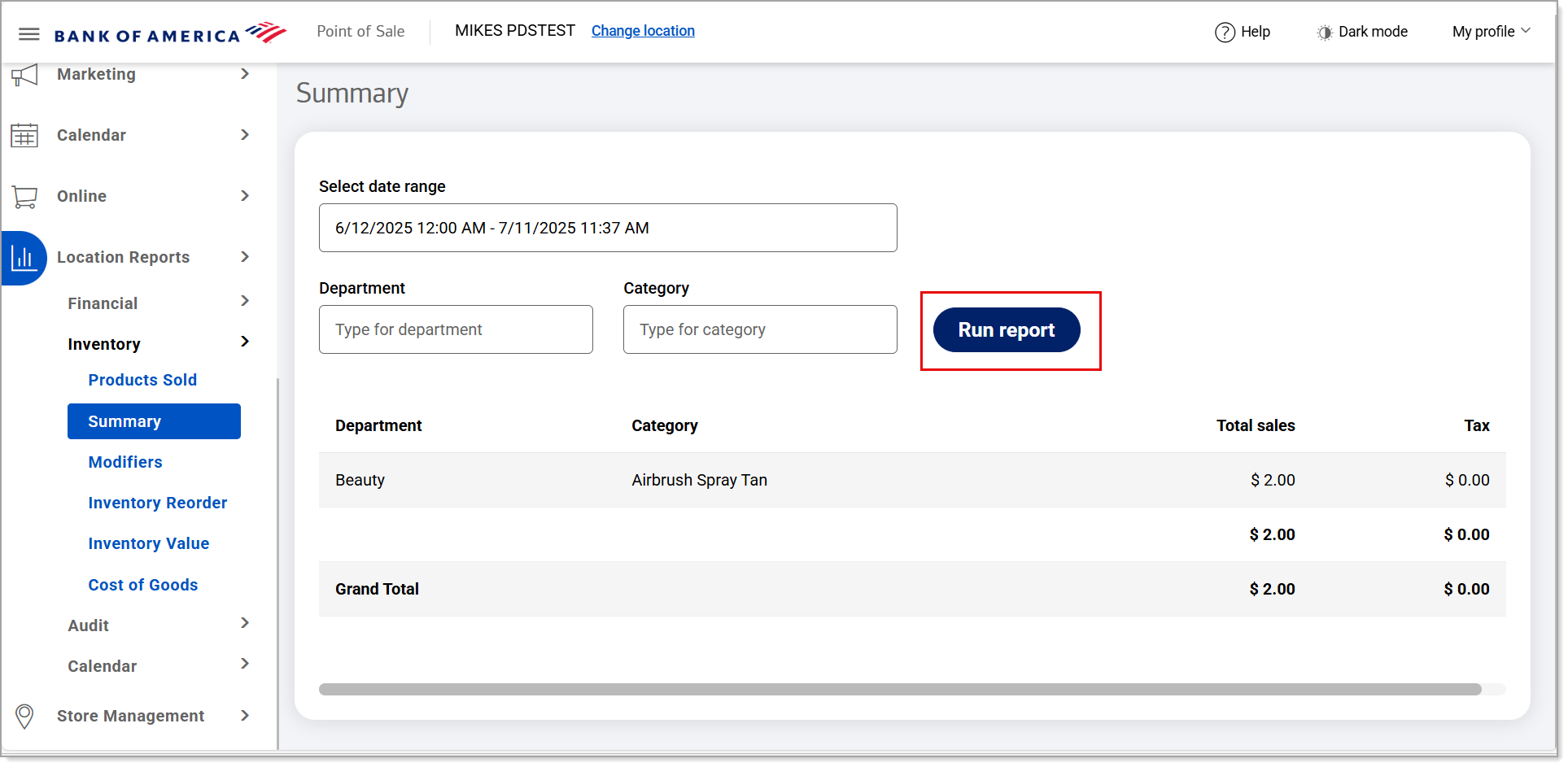 Run report option