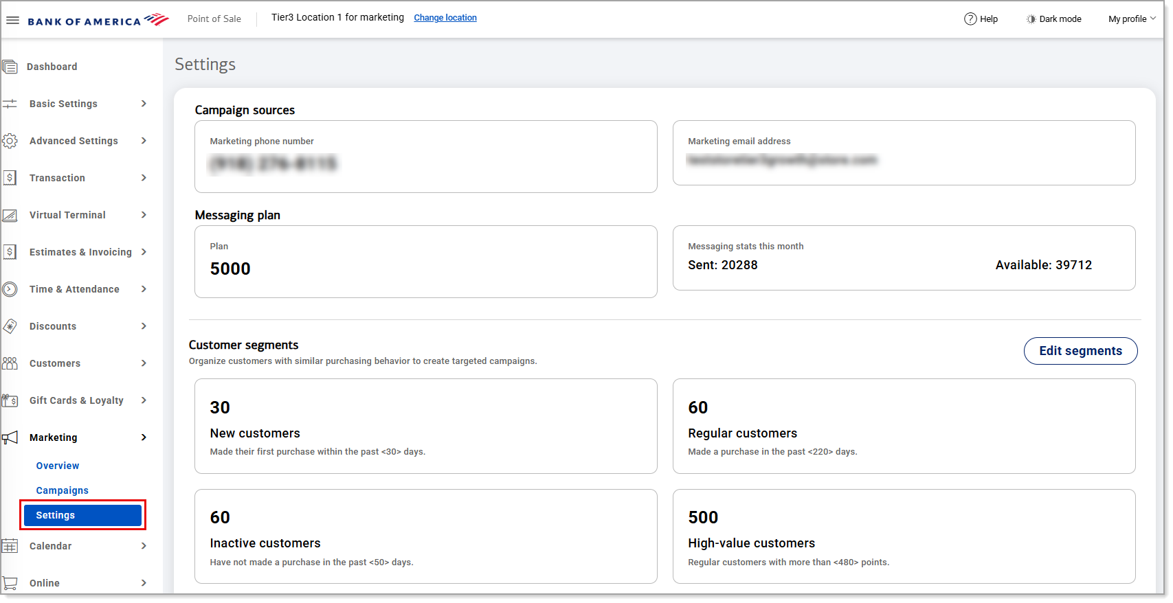 Marketing Settings menu option in the Back Office