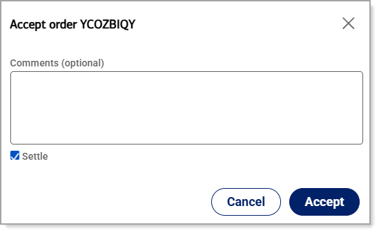 Accept Order pop-up window for optional comments and Accept button.