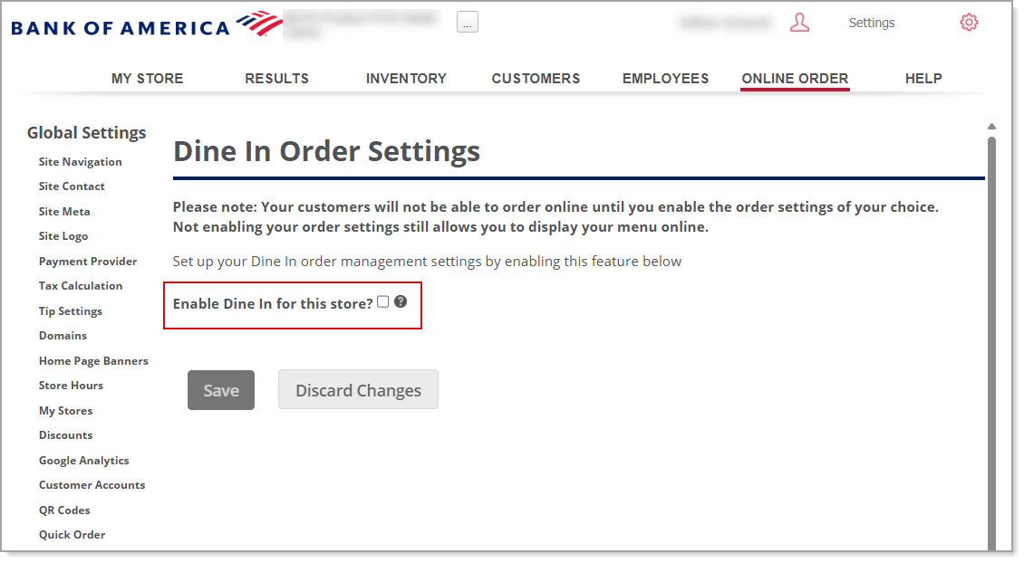 Enable Dine In for this store checkbox