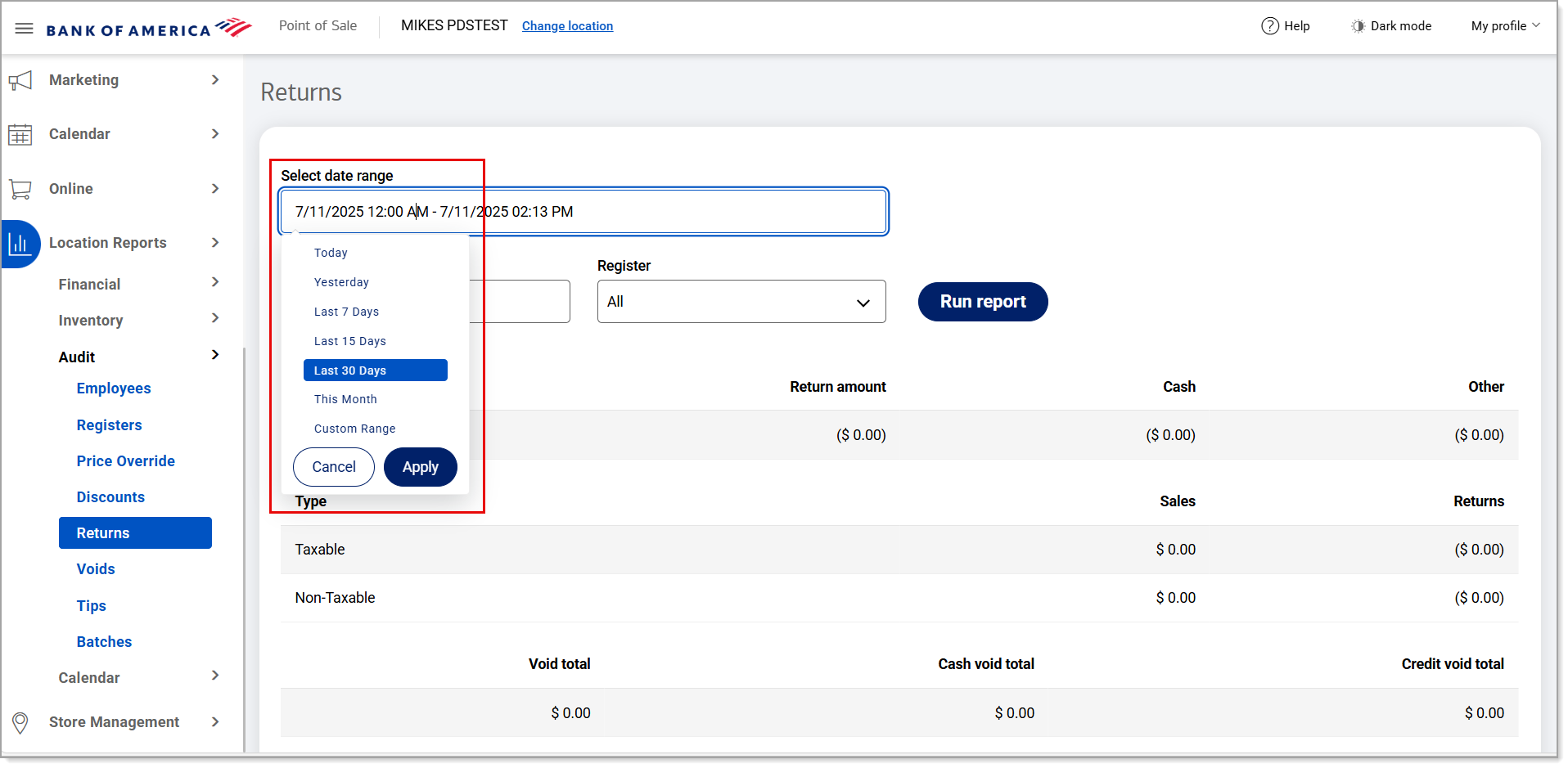 Returns report - date range options