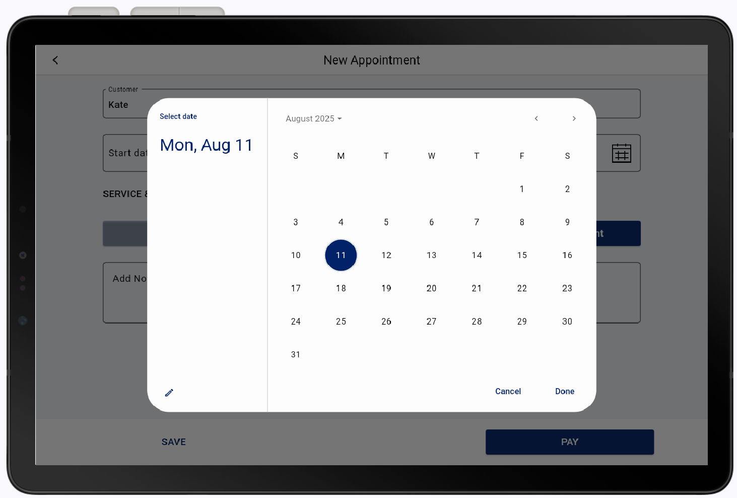 calendar view to select a date