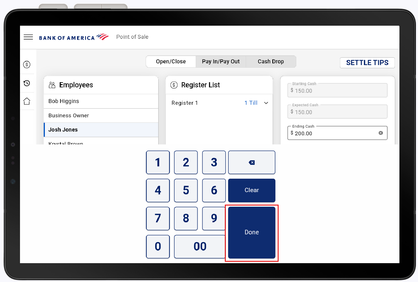 Number pad to input the ending cash amount with the done button highlighted.