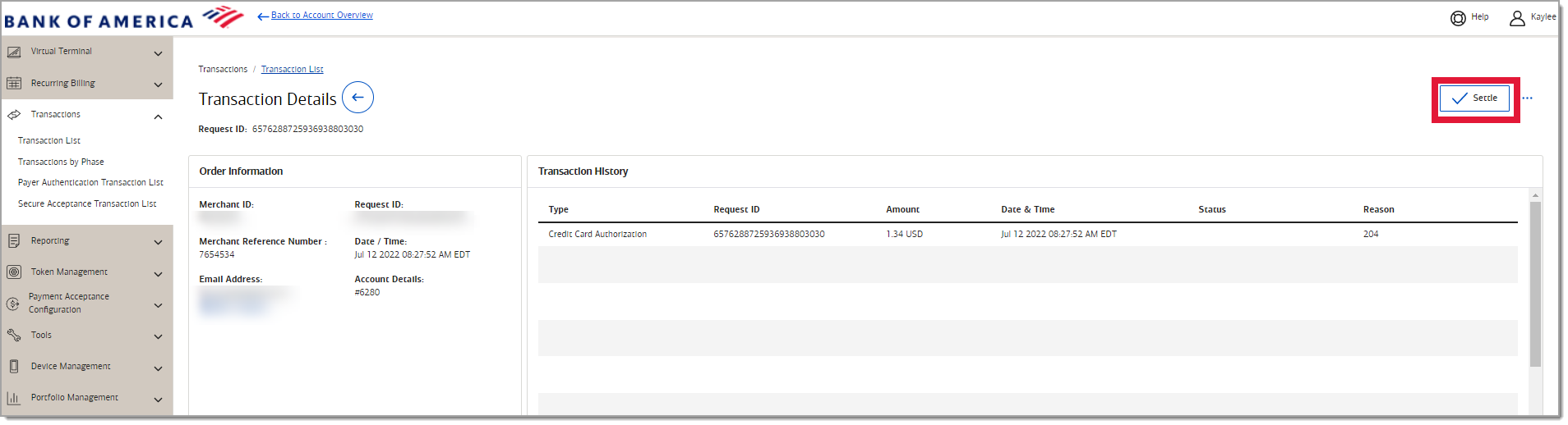 Transaction details with settle button higlighted