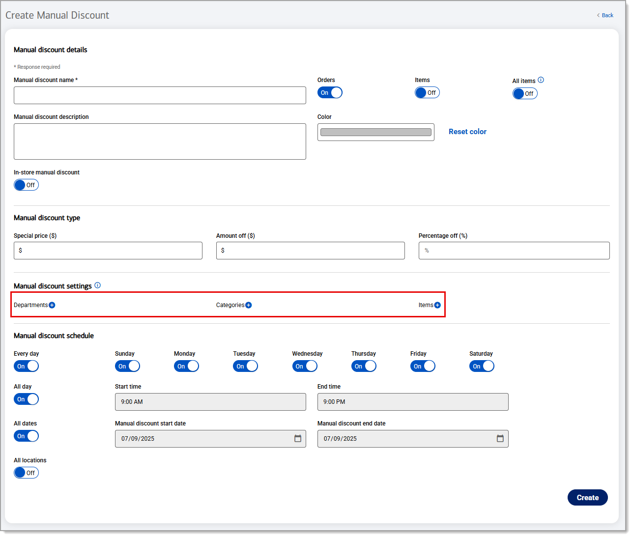 Highlighted Manual discount settings to add departments, categories, and or items.