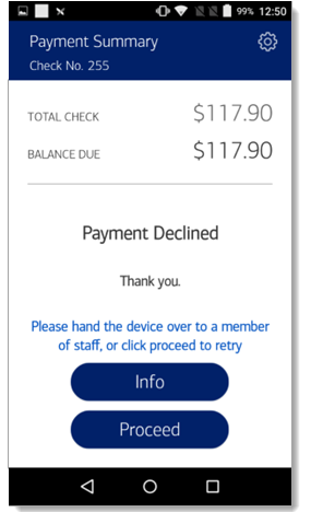 Payment Summary screen with Payment Declined message