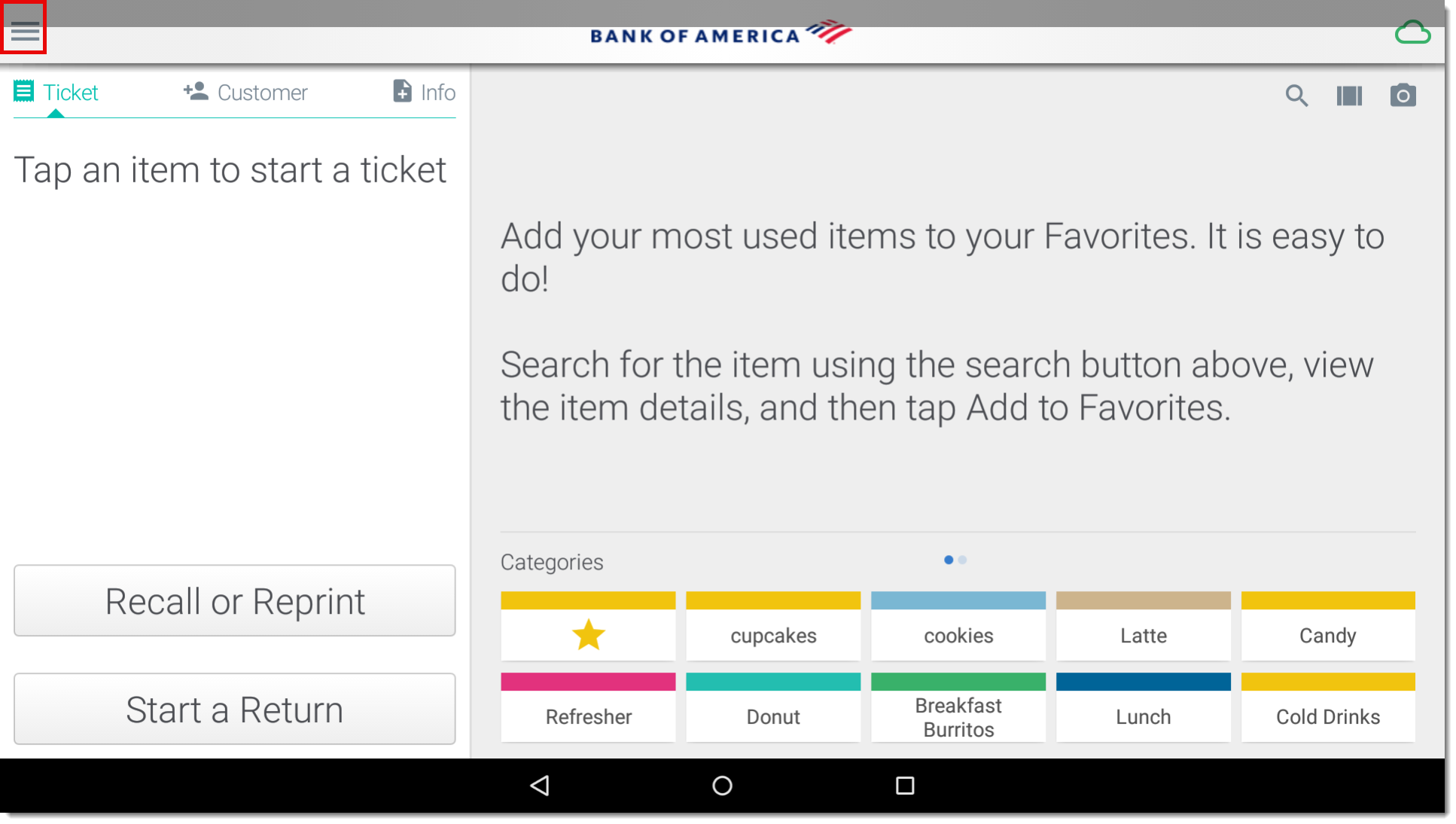 Image of the point of sale screen highlighting the menu button.