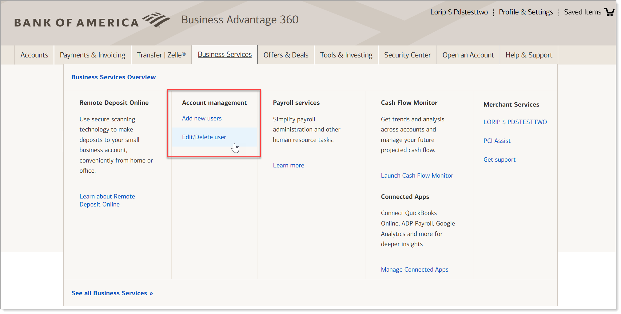 Business services screen account management  options