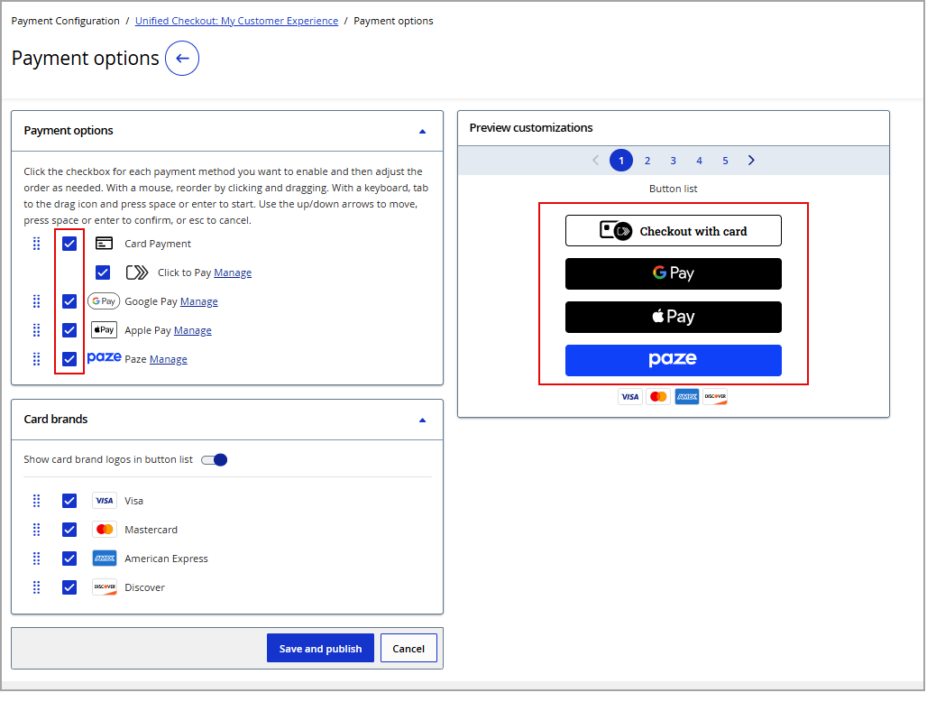 Payment options settings options