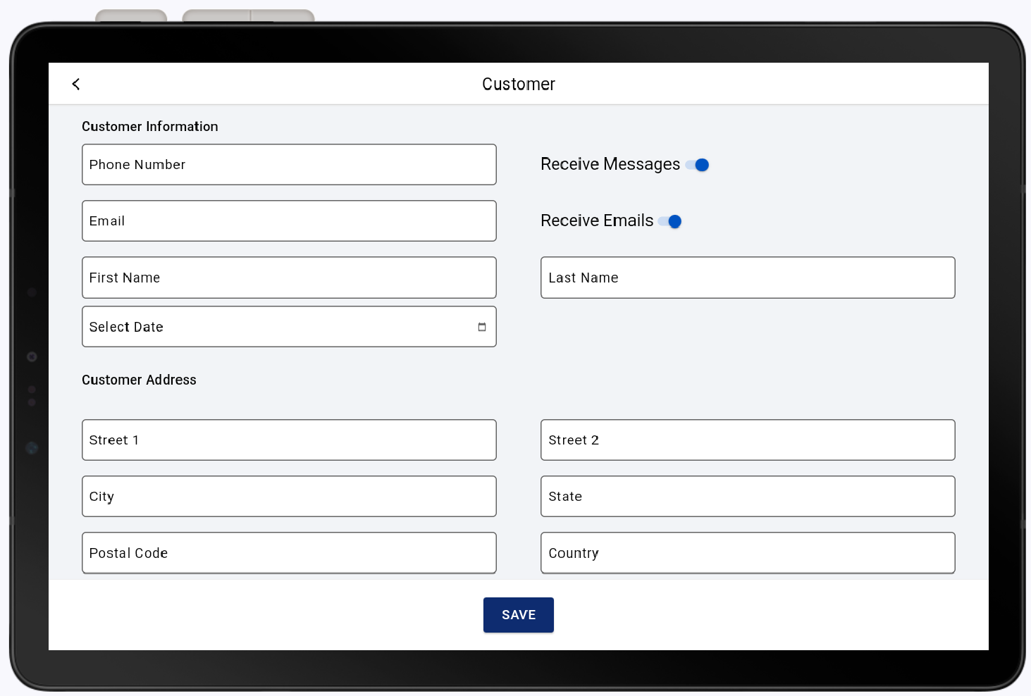 Customer information fields in customer information form.