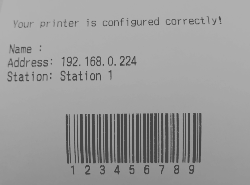 sample test receipt showing printer configuration