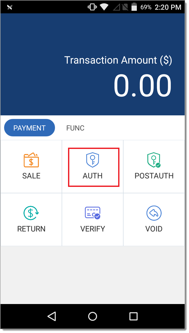 Payment Tab, AUTH option