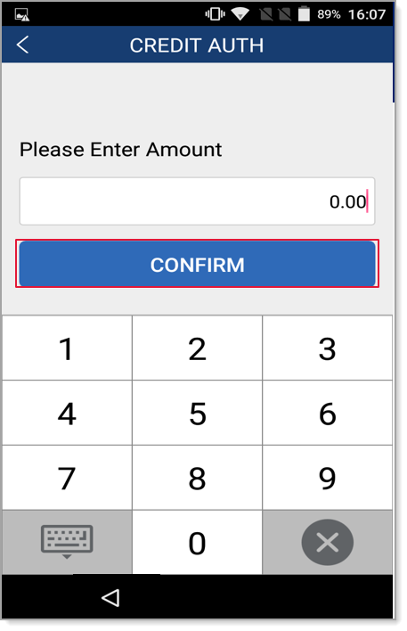Credit Auth screen, enter amount field