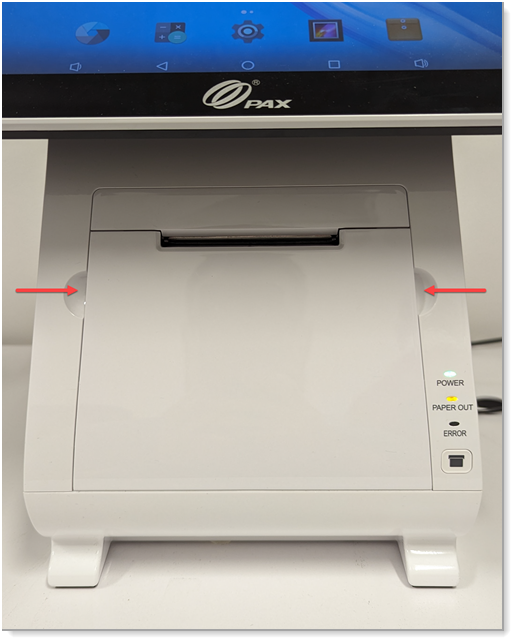 E800 printer cover with two red arrows indicating the recessed areas to pull on the opening. The paper out light is lit.